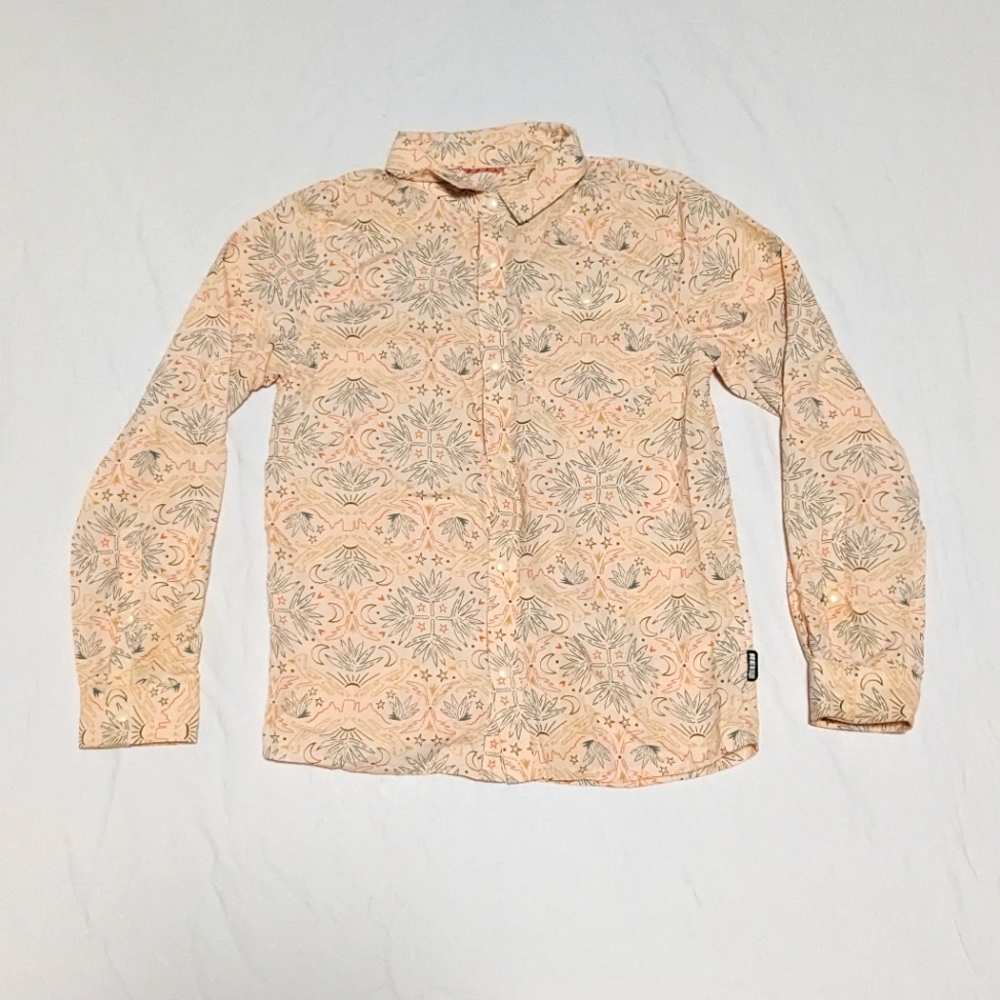 Button down long sleeve from REI, light orange, wilderness drawing design.